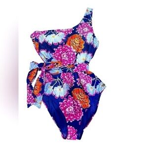 Jones New York One Shoulder One Piece Swimsuit w/ Tie Waist Black Floral Size XL
